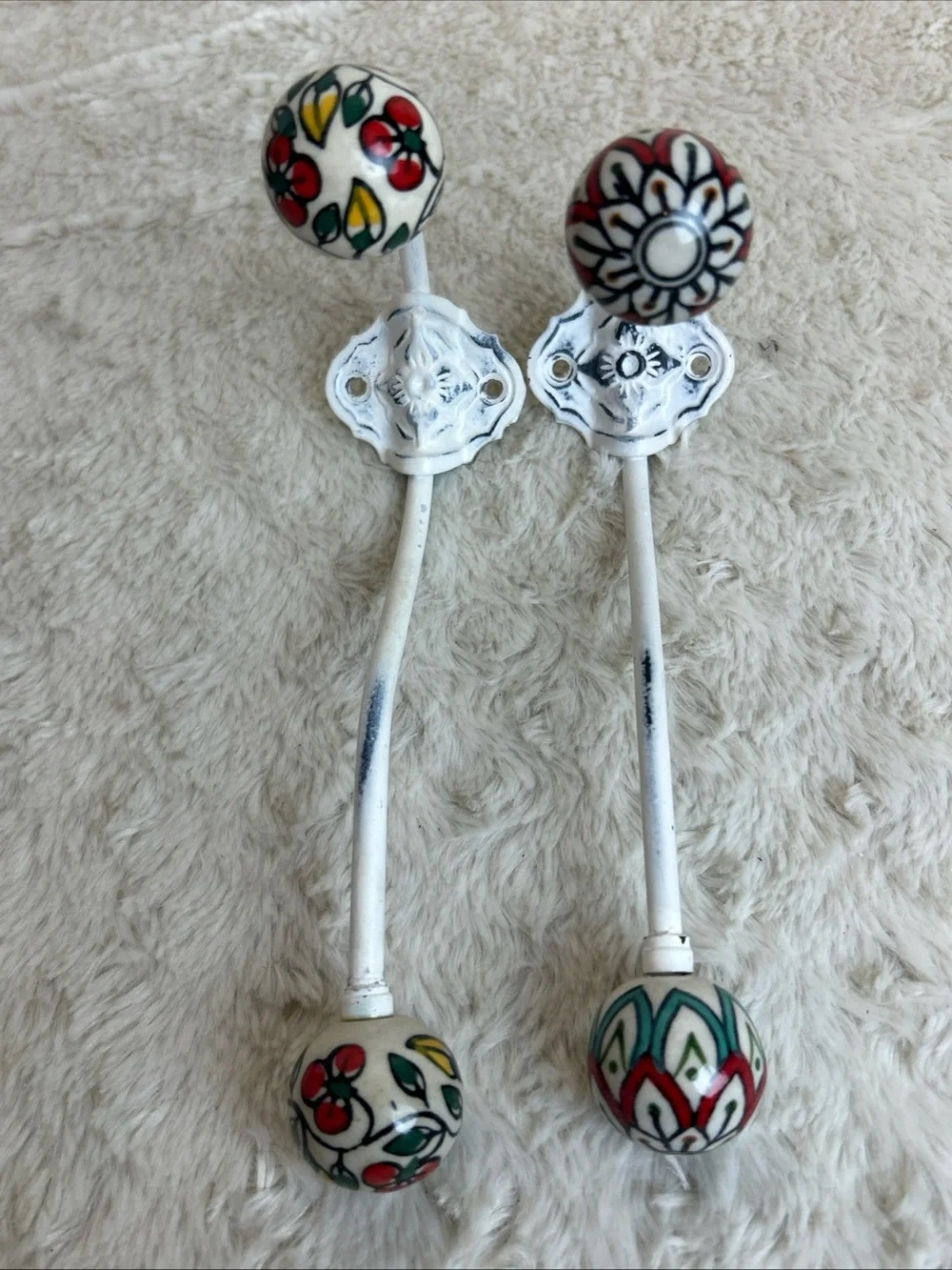 Hand-Painted White Ceramic Floral Wall Hooks - Set of 2